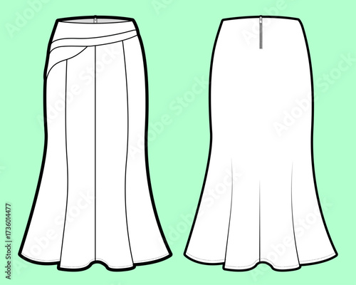 Tailored Panel Skirt with Asymmetrical Drape Yoke and Flared Hem Technical Flat Sketch