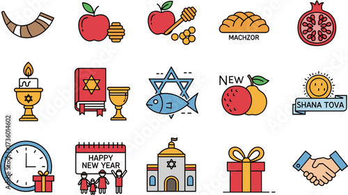Colorful Outline Holiday Rosh Hashanah Icons Element Illustration Set