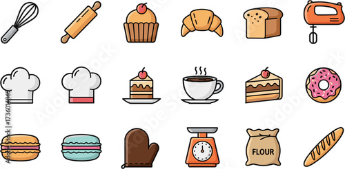 Colorful Outline Handdrawn Culinary And Baking Items Collection Graphic Illustration