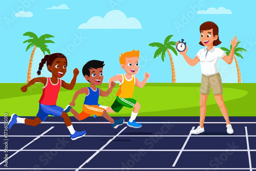 Children s track race with coach timing the event