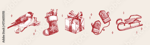 Christmas hand drawn holiday set. Elegant vintage design. Vector sketch illustration.