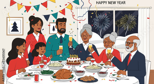 Multi-Generational Family Celebrating New Year 2026 Dinner with Fireworks and Cake