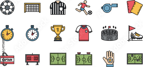 Flat Line Art Soccer Game Equipment and Accessories Icon Set