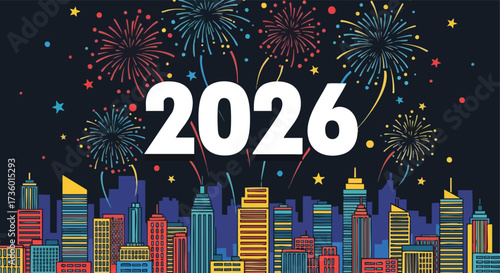 City Skyline Celebration of New Year 2026 with Colorful Fireworks