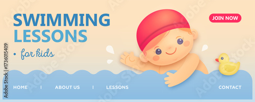 Swimming lessons for kids. Children swimming classes background with 3d baby boy. Swimming training concept or landing. Poster, banner, flyer design template, social media post. Vector Illustration