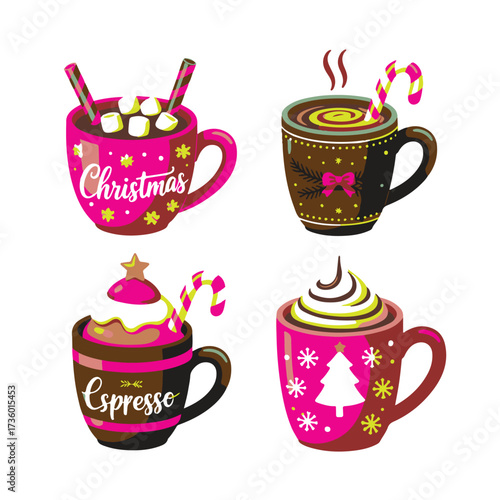 Four festive christmas mugs with hot drinks and holiday decorations, isolated on white background technology background