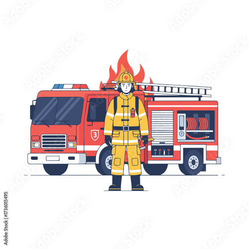 Brave Firefighter Standing Guard in Front of a Fire Truck