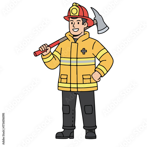 Brave Firefighter Illustration with Axe Ready for Duty