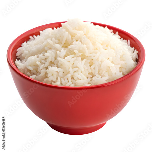 A vibrant red bowl filled with fluffy white cooked rice isolated on transparent background