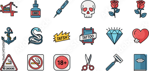 Modern Line Style Tattoo Element with Bold Outline Style Icon Set