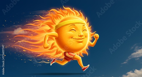 Animated sun character running across blue sky for conceptual energy or activity