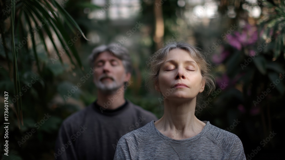 Fototapeta premium Man and a woman standing in a garden with their eyes closed. the woman is on the right side of the image, with her head tilted back and her eyes closed, as if she is in a meditative state.