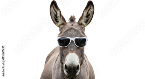Foto Isolated donkey wearing white-rimmed sunglasses, funny farm animal portrait with