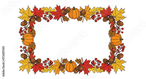 Fall harvest frame with pumpkins, acorns and vibrant autumn leaves creating a festive border for Thanksgiving invitations and seasonal greetings