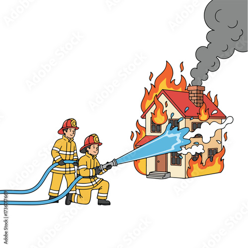 Brave Firefighter Team Extinguishing a House Fire with Water Hose