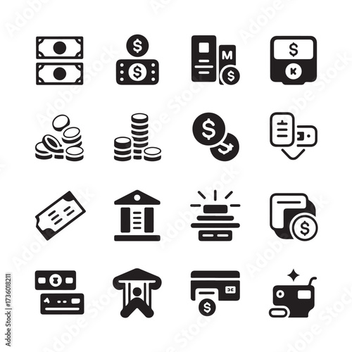Set of financial and banking icons with money, coins, credit cards, atm, and bank building isolated on white background technology background