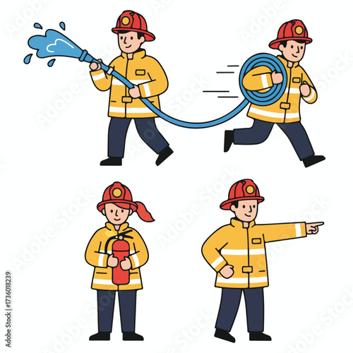 Firefighter in Action A Set of Illustrated Firefighters in Various Poses