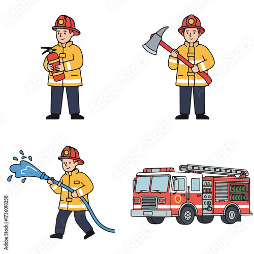 Cartoon Firefighter Illustrations with Equipment and Fire Truck