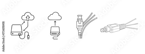 Futuristic Fiber Connector and cloud backup or hard drive thin line icon 