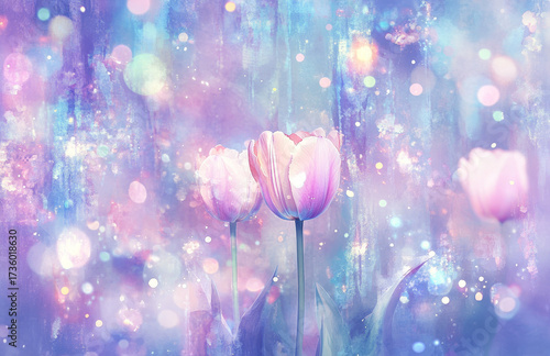 Magical Pink Tulips and Sparkling Background. Generative AI