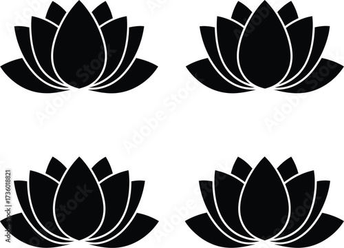 Four lotus flower silhouettes in a minimalist black floral style
