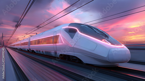 High-speed train in motion against a vibrant sunset sky showcasing modern transportation technology