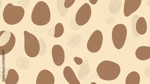 Abstract pattern of brown organic shapes and dotted clusters on a light beige background vector illustration.