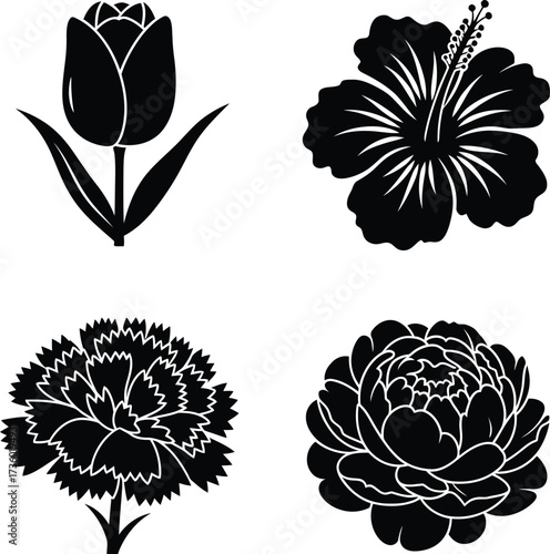 Four black flower silhouettes in a versatile set for design applications