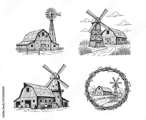 Detailed set of vintage barn and windmill illustrations in an engraved sketch style, ideal for farming and rustic designs.