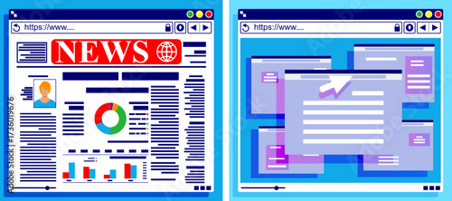 Browser window displaying a news website with charts and a personal profile. Online surfing and internet browsing concept.