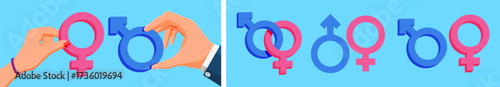 Woman and man hands holding gender symbols. Gender equality concept. Human rights, feminism, identity, diversity, and social inclusion.