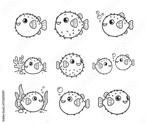 Adorable set of cartoon pufferfish in a simple black and white outline, perfect for kids' designs and stickers.