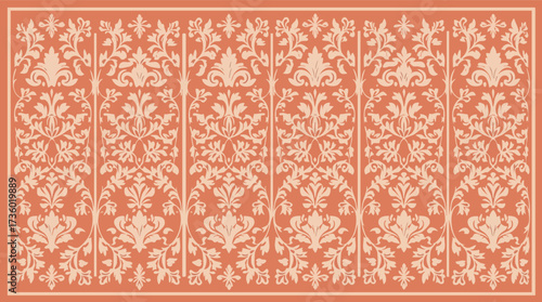 Creamy white damask pattern on a muted coral background in a rectangular frame vector illustration.