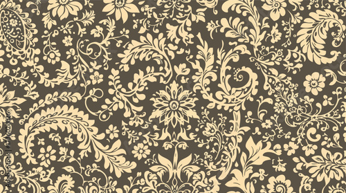 Dense vintage floral and paisley pattern in beige on dark brown.