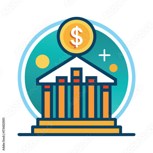 Modern bank building icon symbolizing financial services and investment growth featuring dollar coin and abstract shapes for business concepts