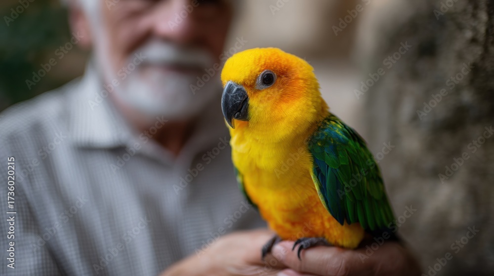 Obraz premium Elderly man with a white beard and mustache holding a small yellow and green parrot in his hand. the parrot is perched on the man's arm and is looking directly at the camera.