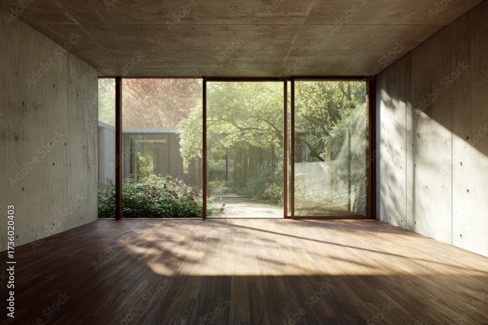 Obraz premium A spacious interior with large windows showcasing a serene garden. Natural light bathes the room, creating a calm and tranquil atmosphere.