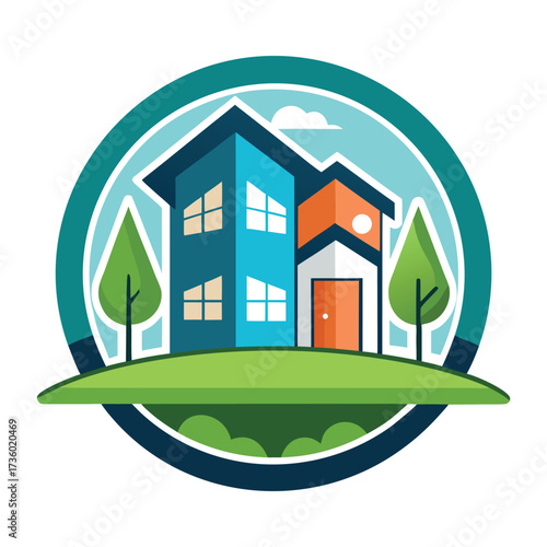 Modern suburban dream home with lush green landscape and bright blue sky a colorful residential property emblem for real estate marketing
