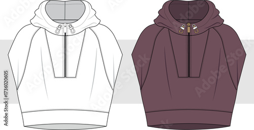 Hooded Vest Jacket technical fashion Illustration. Vest Jacket with half zipper, vector. Front view, Unisex CAD mockup set.