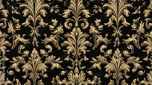 Ornate gold damask pattern on a black background seamless wallpaper design vector illustration.