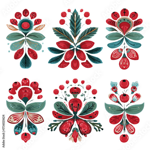 Set of 9 Ukrainian folk vector ornaments. Traditional kalyna berries and rushnyk patterns in flat minimalist vector style with bold outlines.