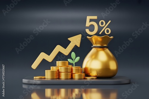 Golden money bag with a rising arrow graph and stacked coins symbolizing financial growth and investment success with a five percent interest rate displayed prominently