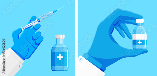 Doctor hand holding syringe with vaccine and vial. Medical professional preparing for injection, vaccination concept. Healthcare.