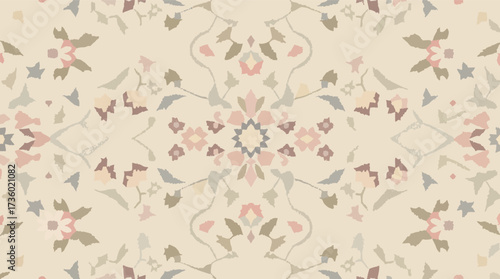 Seamless vintage floral pattern with muted pastel colors and textured brush strokes.