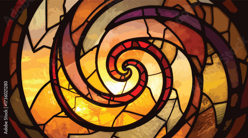 Swirling Stained Glass Spiral in Warm Orange Yellow and Red Hues with Dark Outline pattern abstract.