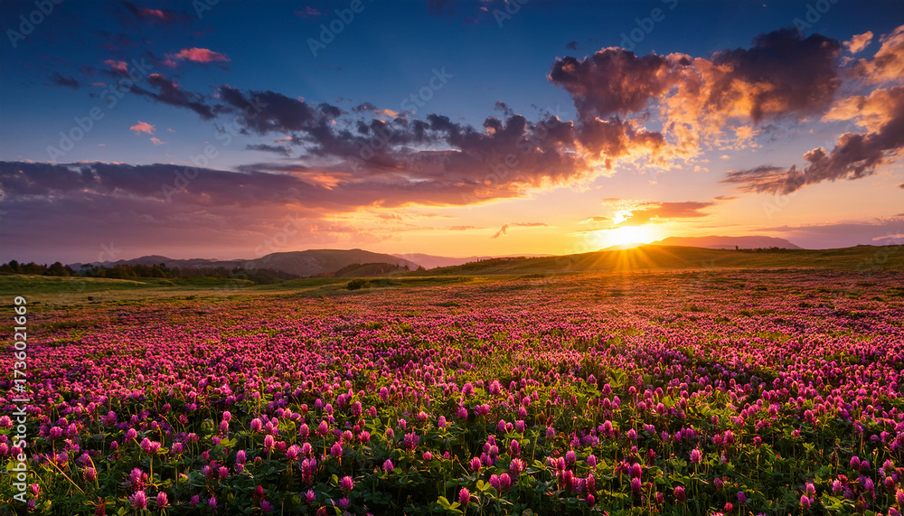 Obraz premium Idyllic Meadow Blooming Clover Field At Sunset With Vibrant Colors And Scenic Sky