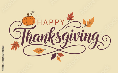 Celebrate Thanksgiving with this beautifully designed greeting featuring a pumpkin and fall leaves, perfect for cards, invitations, and social media posts