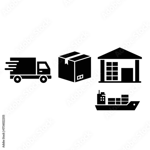 A collection of icons representing different modes of transportation and logistics, including a delivery truck, a shipping box, a warehouse, and a cargo ship.