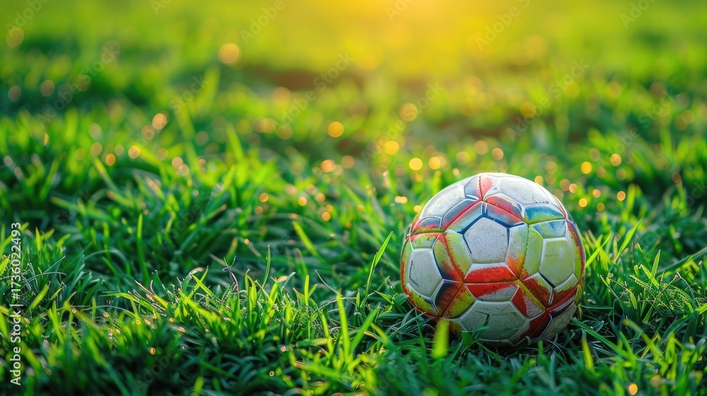Fototapeta premium Close-up of a soccer ball on the field, on a green grass surface. The concept of sports and competitions.