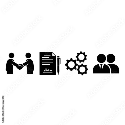 Set of four black business icons depicting a handshake, a signed contract, interlocking gears, and a team.